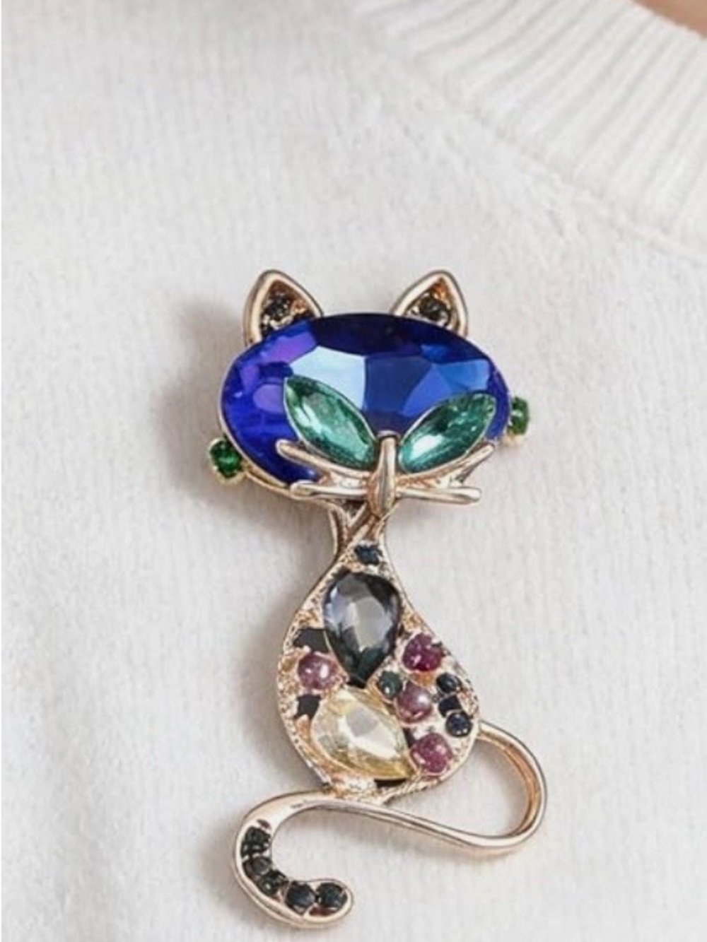 Blue & Green Crystal Cat Brooch Pin - Gold-Tone Setting